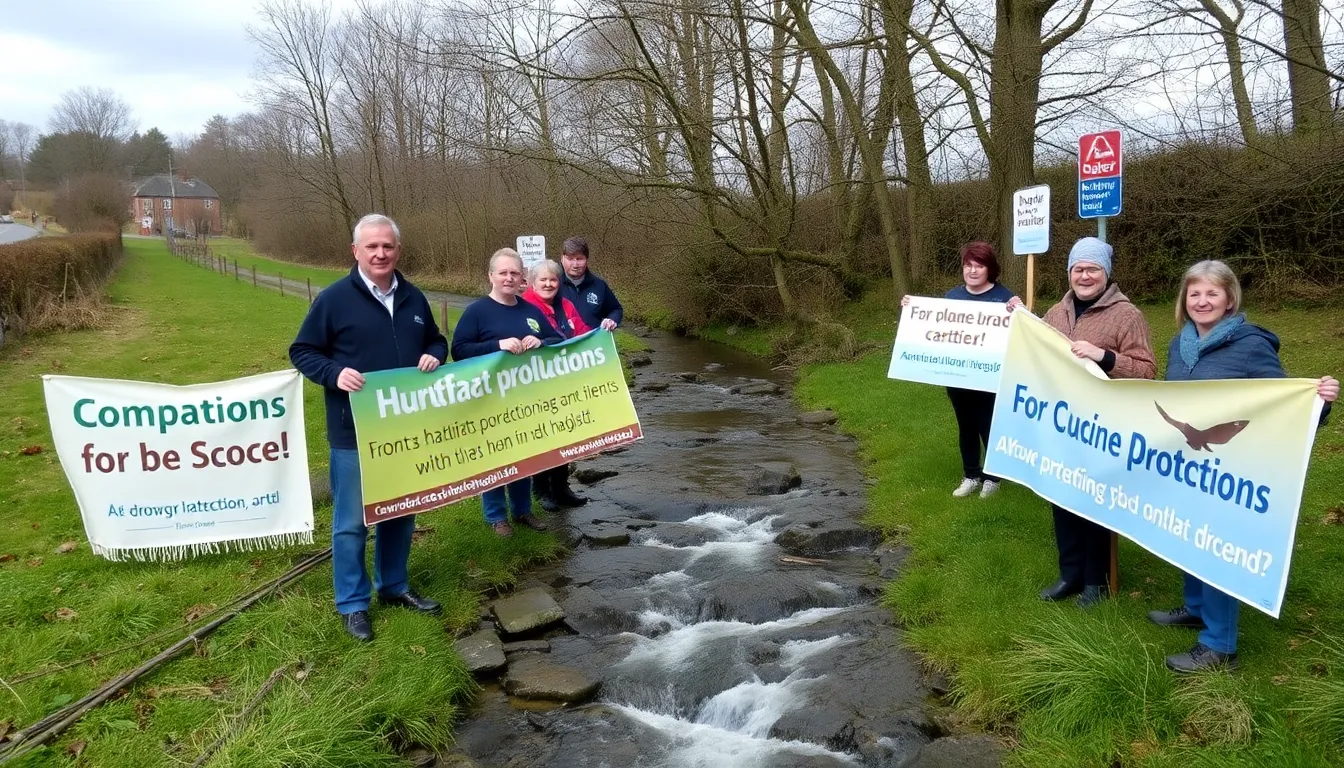 Campaigners gather by a chalk stream, holding banners and signs to advocate for stronger protections against pollution and habitat degradation.