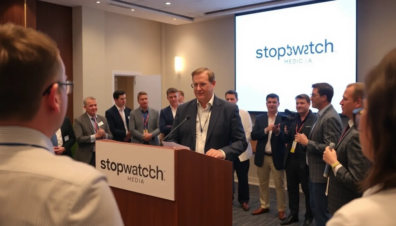 Charles Wachter stands confidently at a podium during the launch event for Stopwatch Media, surrounded by industry professionals and media representatives.