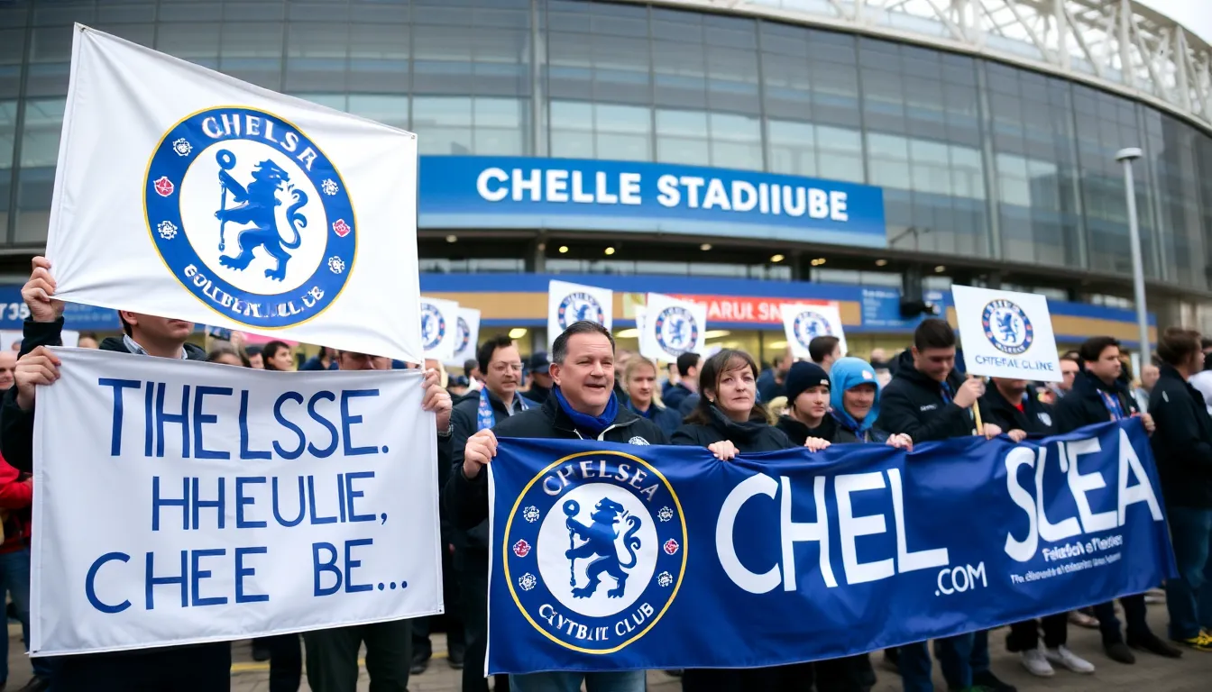 A group of concerned Chelsea fans gathers outside the club's stadium, holding banners and expressing their discontent over recent cheating allegations and the imposed fine.