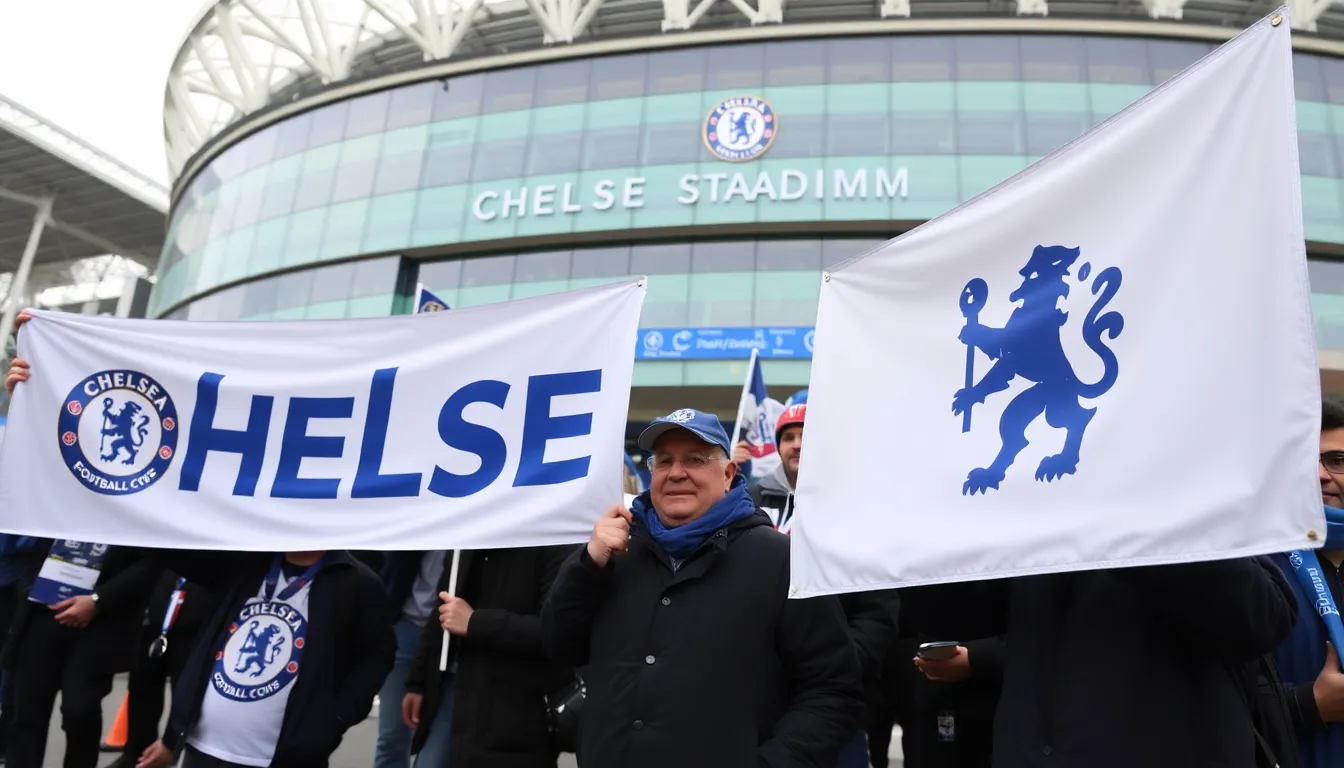 A bustling Chelsea Football Club match day, with fans showing their support while grappling with the club's recent financial controversies