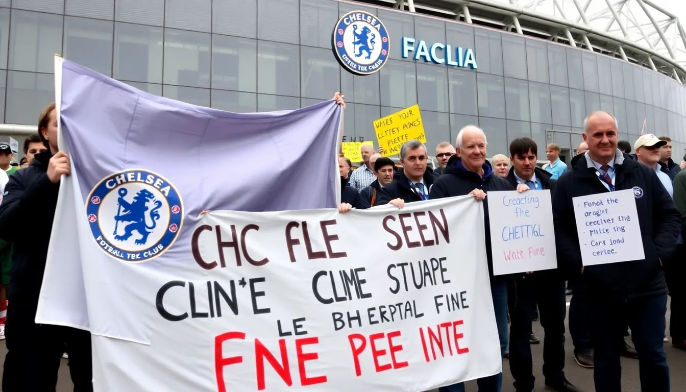 A group of concerned fans holding signs at a rally, expressing their opinions on the implications of Chelsea's financial misconduct and its effects on the club's reputation