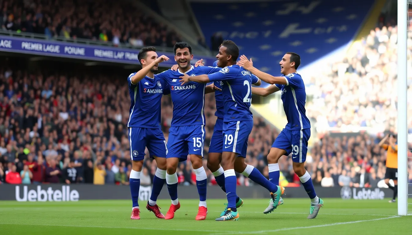Chelsea players celebrate a goal during a Premier League match, showcasing their renewed energy and teamwork under head coach Liam Rosenior.
