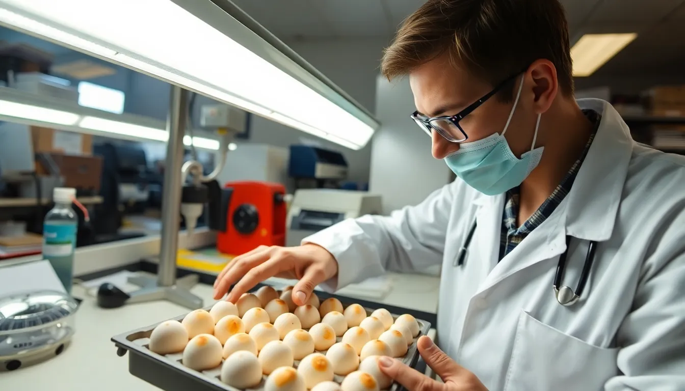 A researcher in a lab examines a tray of genetically modified chicken eggs, which are being studied for their potential to produce therapeutic proteins for drug development.