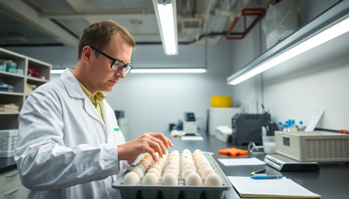 Scientists discussing the implications of using chicken eggs as bioreactors for producing vaccines and therapeutic proteins, emphasizing collaboration in biotechnology