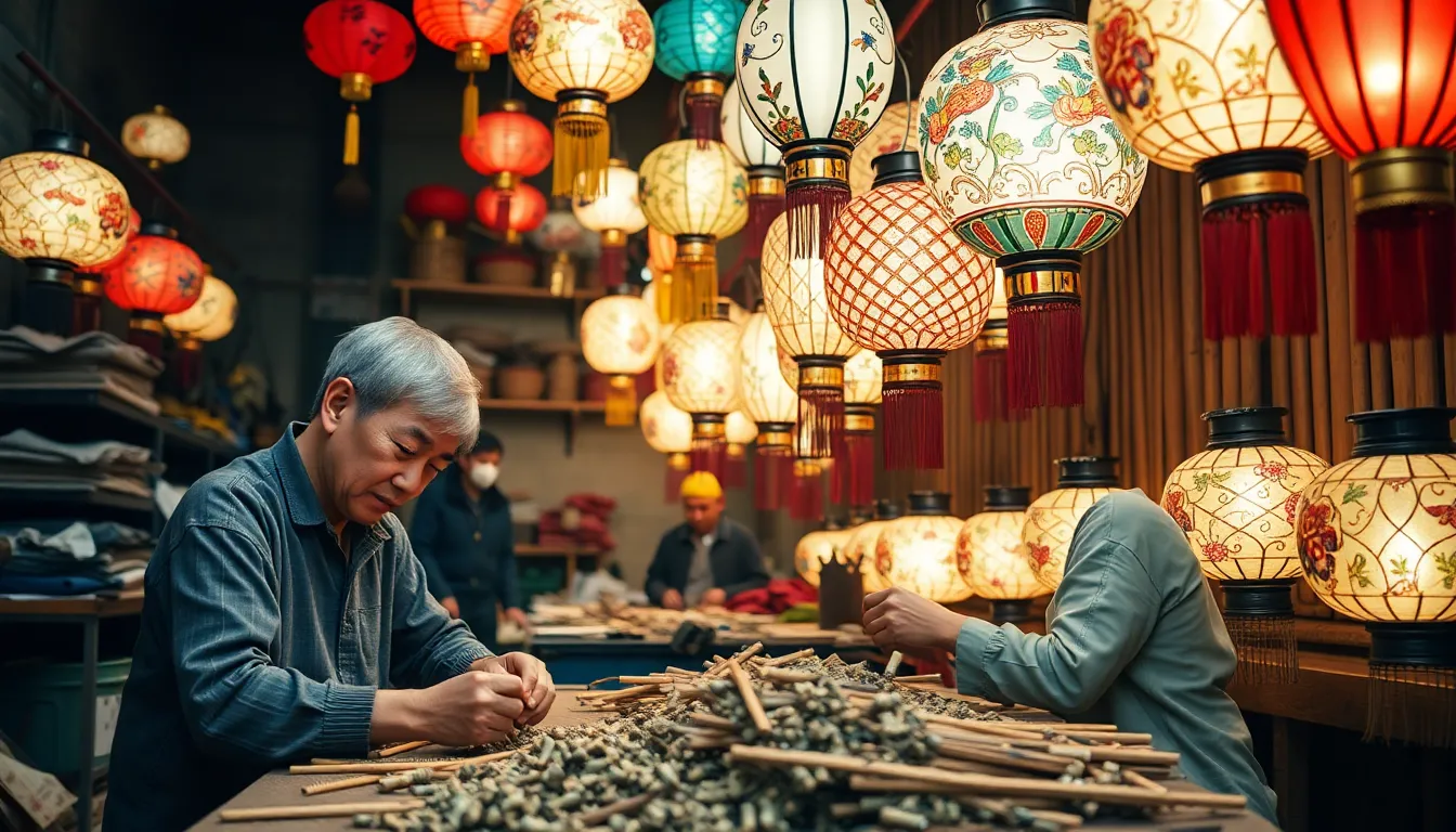 Tourists admiring the artistry of handcrafted lanterns, highlighting the town's significance in China's cultural landscape