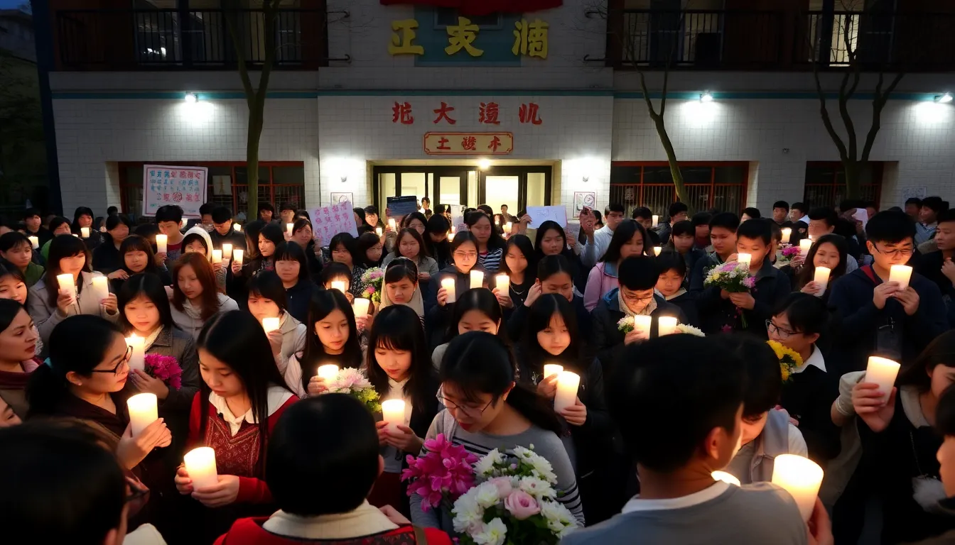 A crowd gathers outside a school in Beijing, holding candles and flowers in tribute to Li Wei, the influential education advocate who recently passed away.
