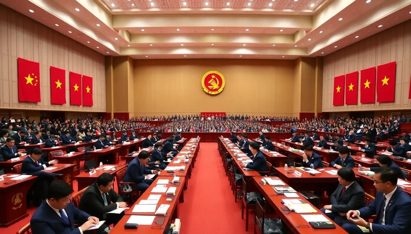 Delegates gather in a large conference hall during China's 20th National Congress of the Communist Party, discussing key issues and strategies for the country's governance.