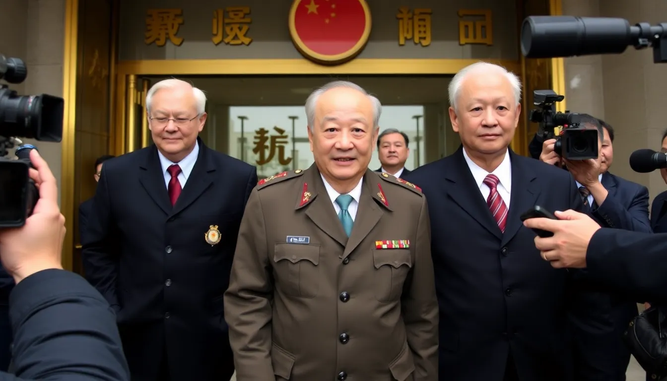 Three retired Chinese generals are seen leaving a government building after being removed from their advisory roles within the Chinese People's Political Consultative Conference, highlighting a shift in military influence in the country's politics.