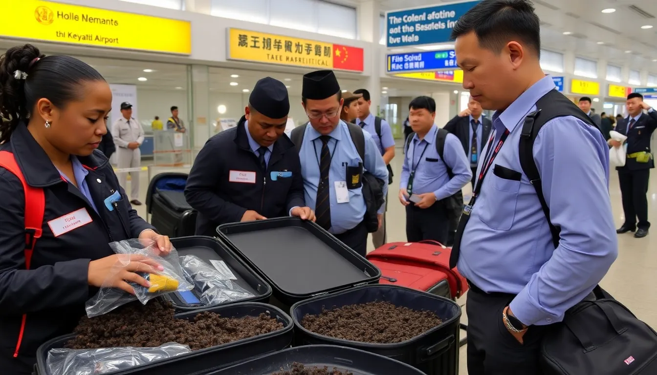 Customs officials at Jomo Kenyatta International Airport in Nairobi examine luggage containing approximately 2,000 live ants that a Chinese national attempted to smuggle from Kenya.