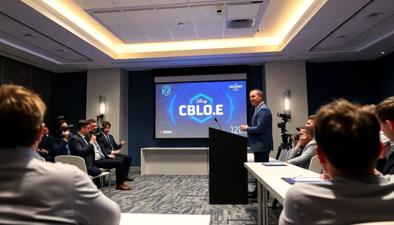 Chris Greeley speaks at a podium during a press conference, discussing the expansion of the CBLOL and its impact on the esports community.
