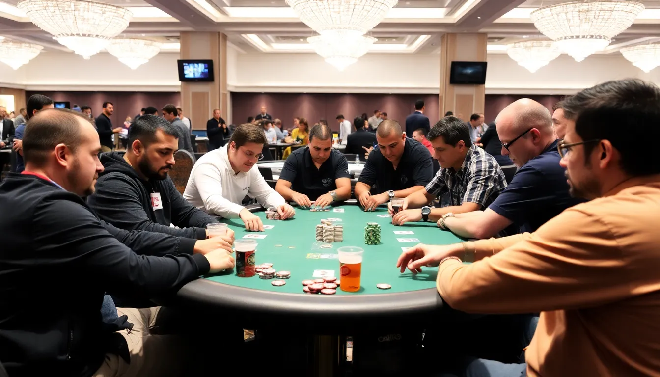 A group of enthusiastic poker players gathers around a table, intently focused on their cards as they participate in the CoinPoker ,000 World Championship tournament.