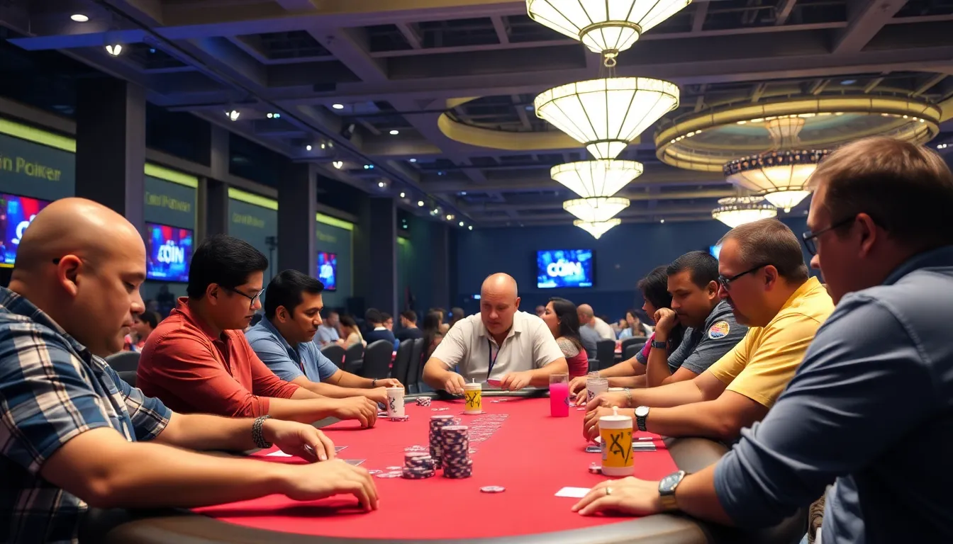 A diverse group of poker enthusiasts participating in satellite events leading up to the championship, highlighting the excitement and accessibility of the tournament format
