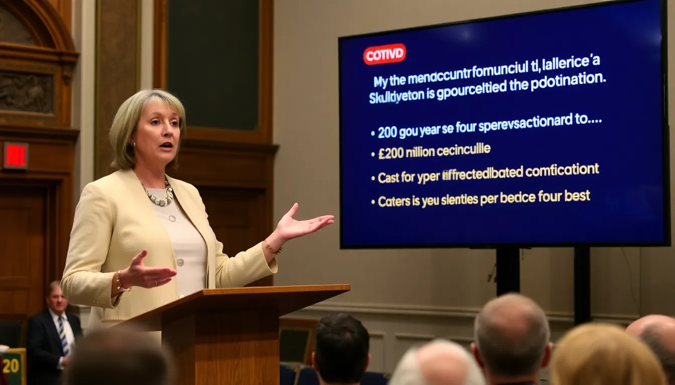 Baroness Heather Hallett speaks at a podium during the final day of the Covid inquiry, addressing concerns about the £200 million cost and fouryear duration of the investigation.