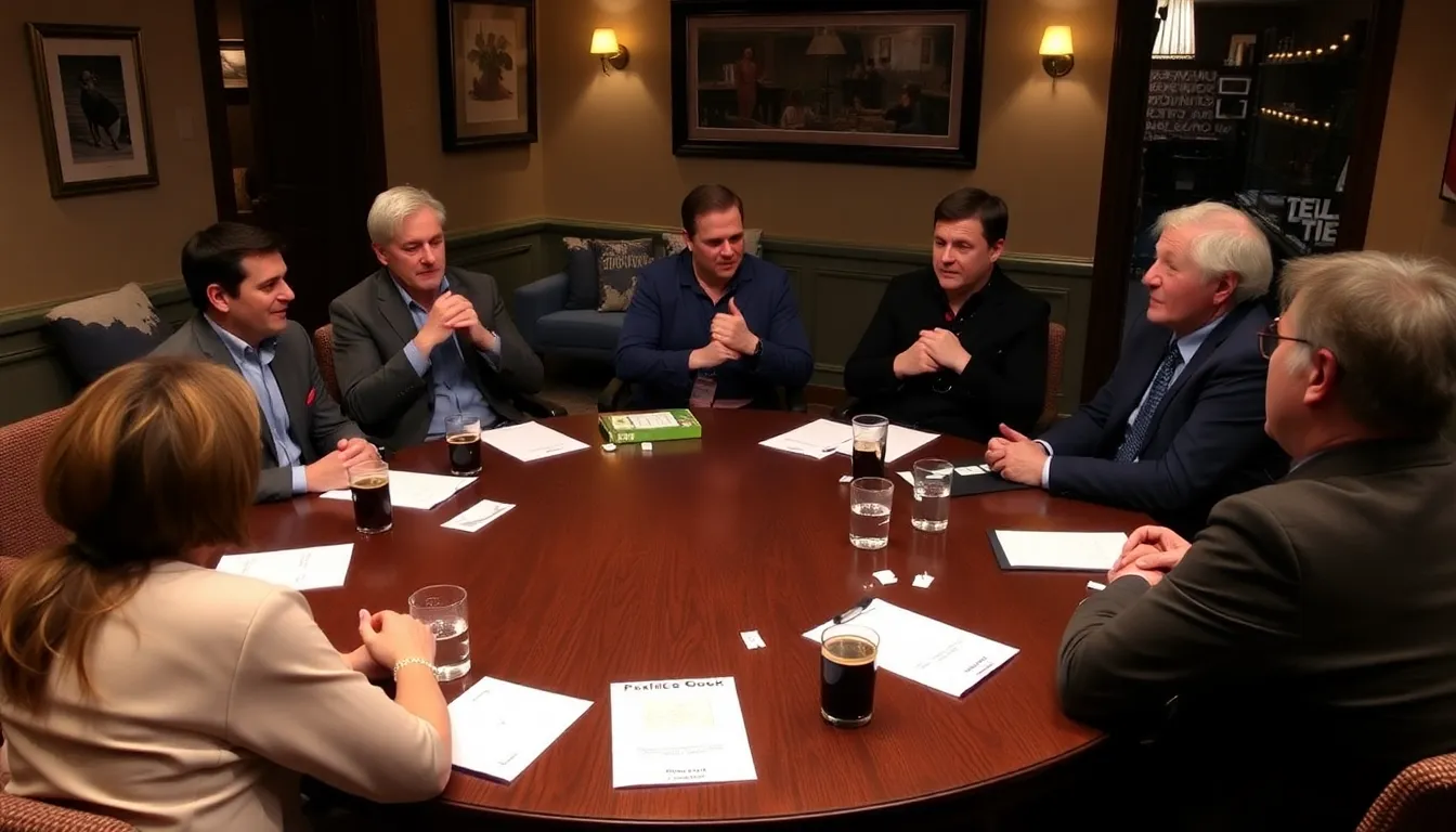 A group of critics sits at a round table, engaged in animated discussion about the debut episode of Saturday Night Live UK, with notes and drinks scattered around them.