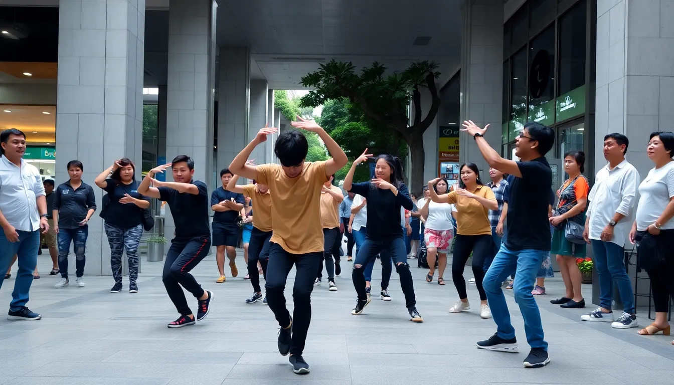 A group of dancers performs energetically in a bustling walkway in Singapore, drawing the attention of passersby while local residents look on with mixed expressions of admiration and concern.