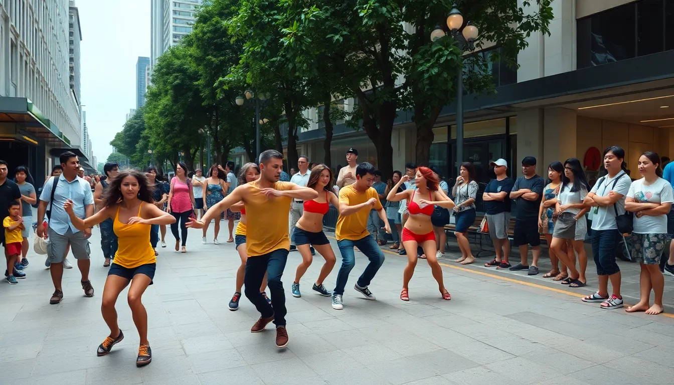 Dancers of diverse backgrounds collaborating in an informal setting, showcasing the cultural exchange that takes place in Singapore's public spaces