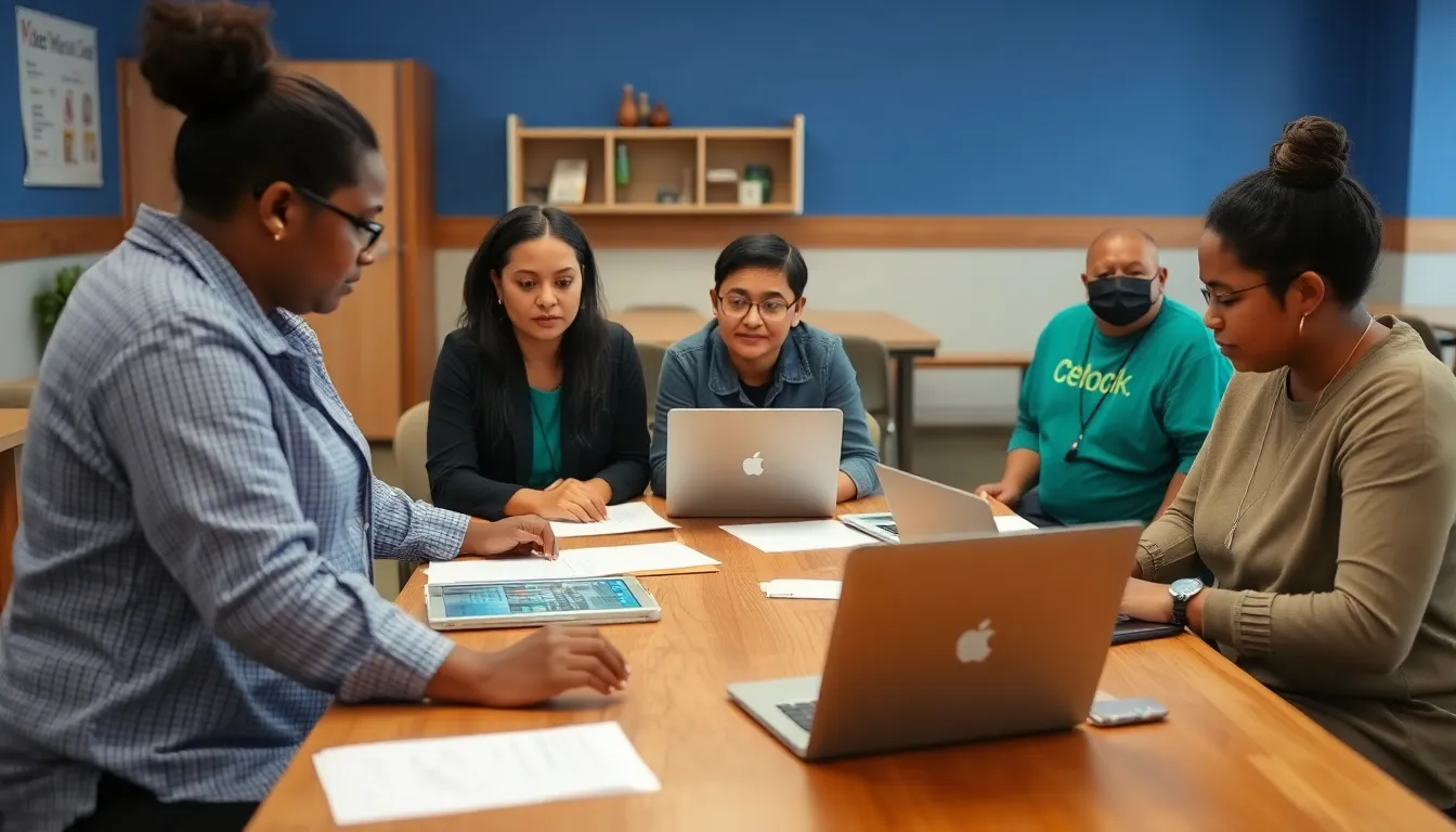A group of community workers discusses strategies to utilize new data tools aimed at identifying families in need of financial support during a meeting in a local community center.
