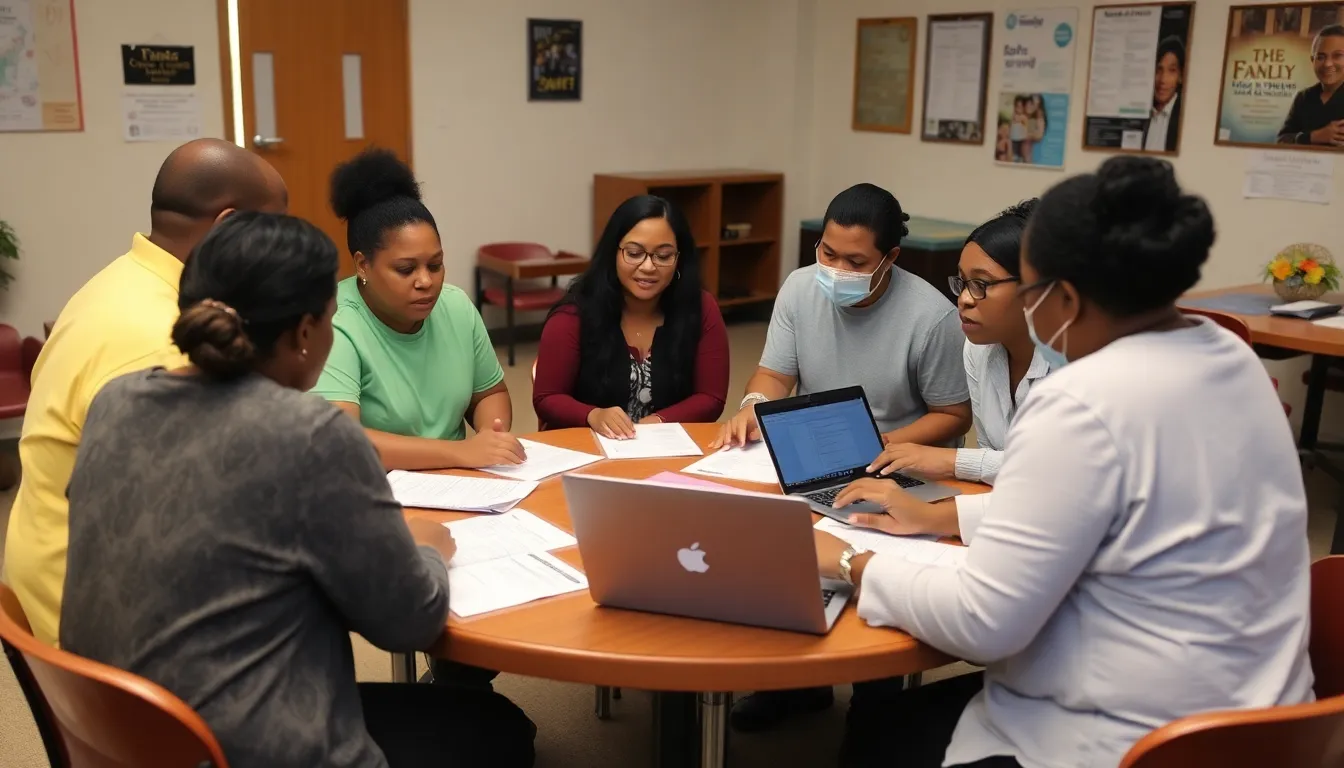 Social service workers engaging with community members to raise awareness about available financial support resources