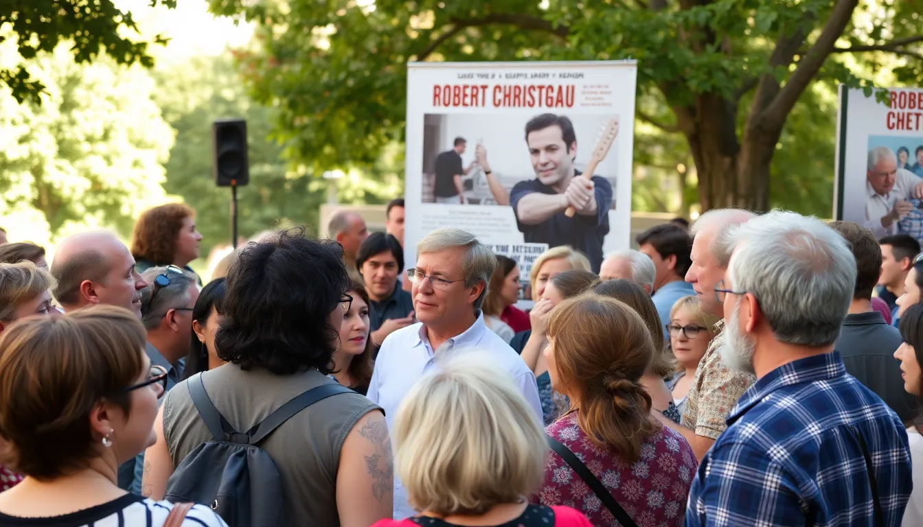 A crowd gathers at a film screening event, eagerly discussing Robert Christgau's influence on rock criticism while a large poster of the documentary hangs in the background.
