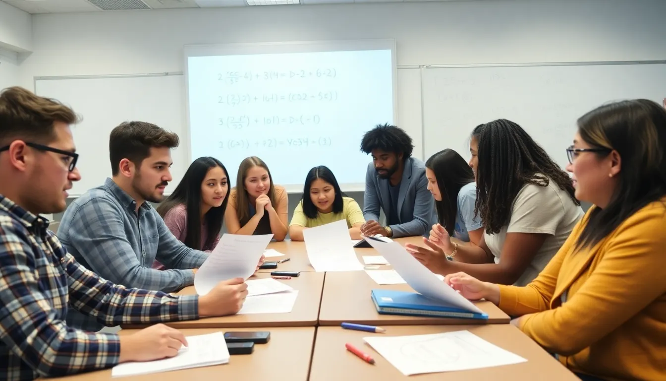 A diverse group of mathematicians gathers in a bright classroom, eagerly discussing complex problems and sharing innovative solutions during a recent mathematics challenge event.