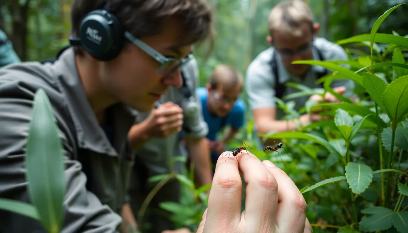 Researchers from the University of California examining a previously undiscovered ant species in the heart of the tropical rainforest, highlighting their dedication to biodiversity
