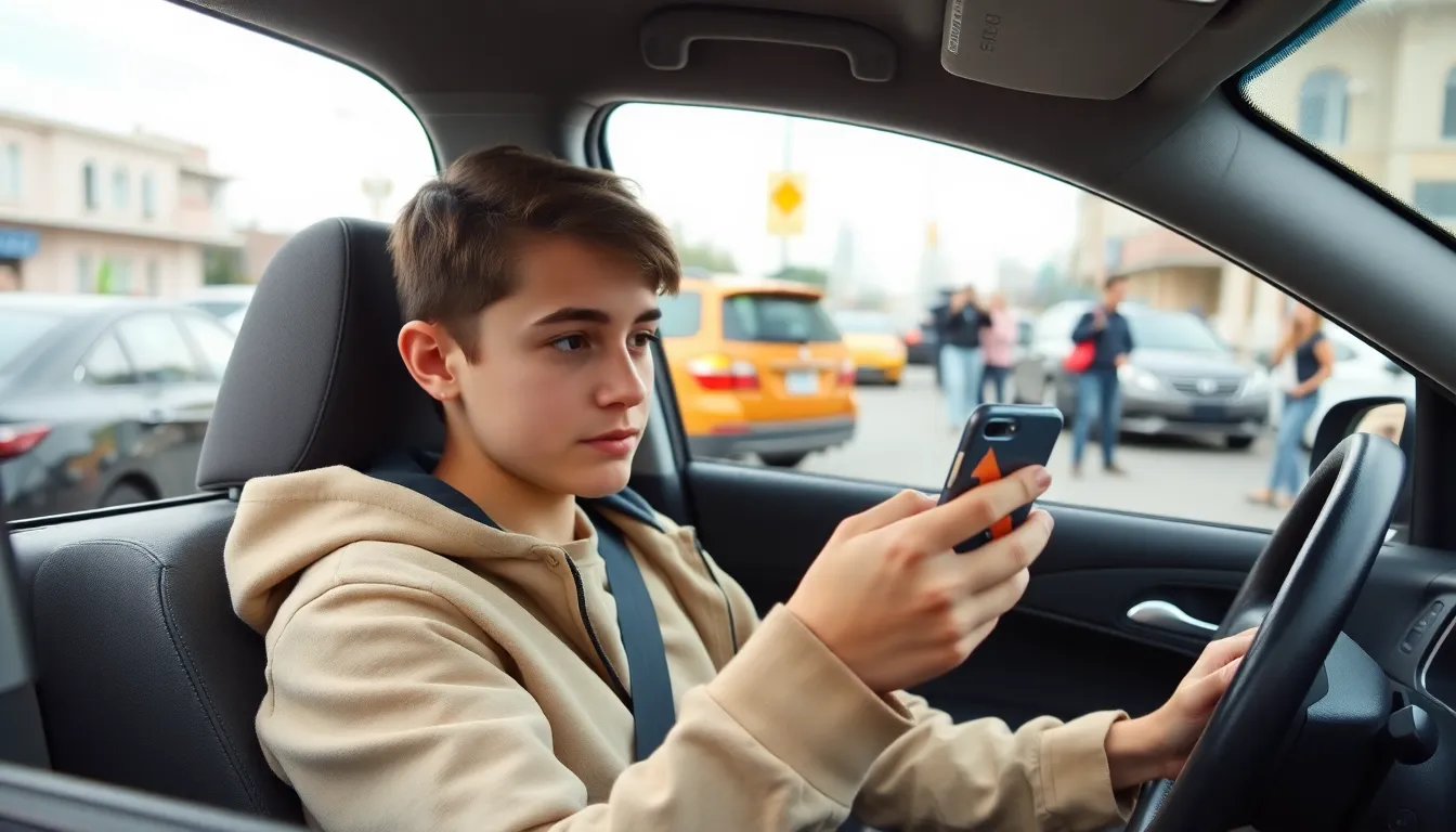 A young driver is seen holding a smartphone while glancing at the screen, with a distracted expression as they navigate a busy street.