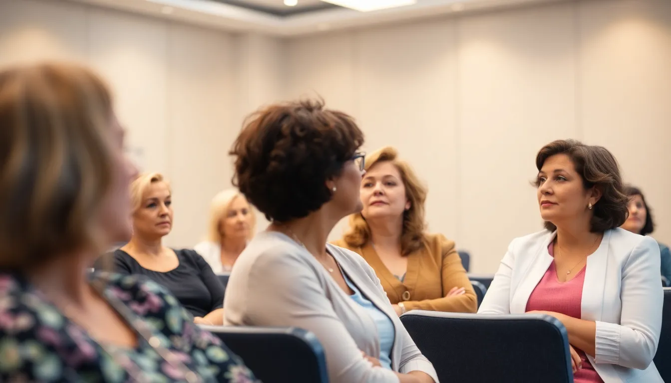 A group of women participates in a health seminar focused on the risks of early menopause and heart disease, with a speaker addressing the audience in a welllit conference room.