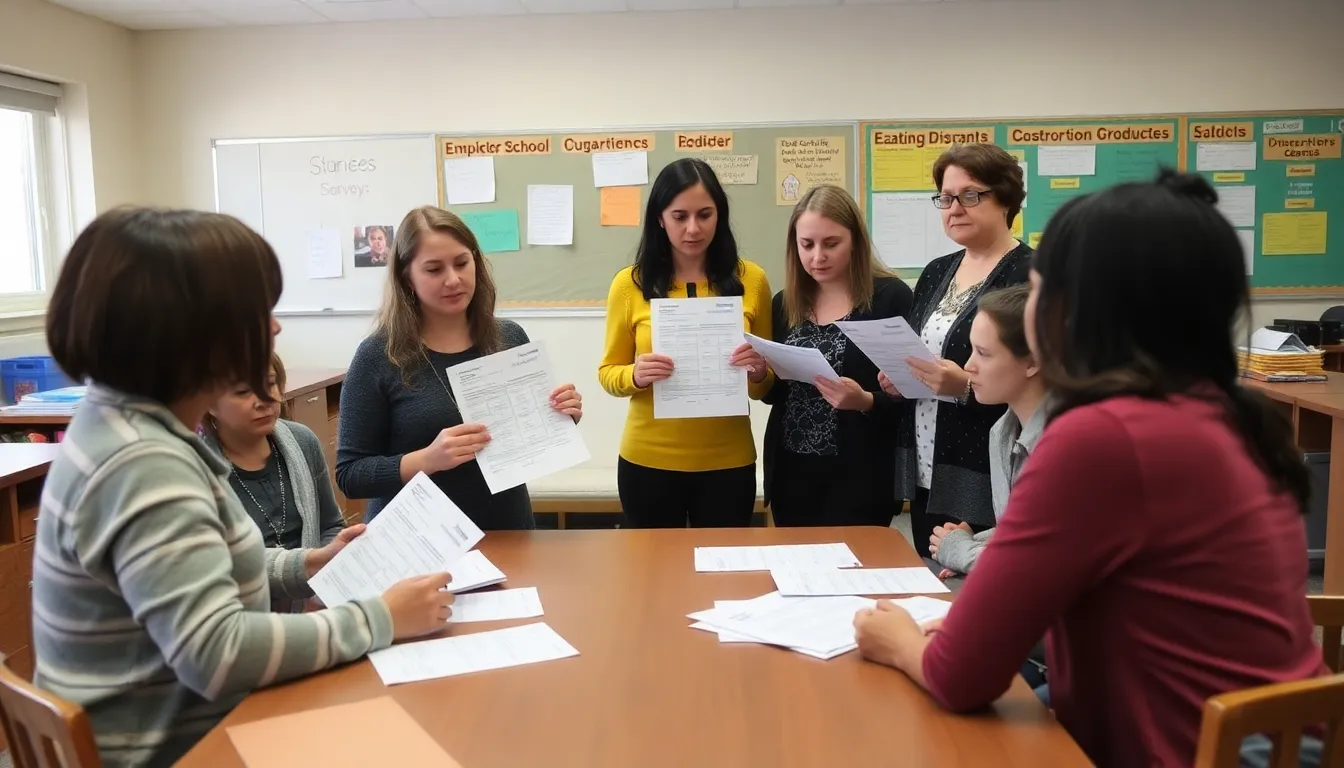 A group of concerned primary school teachers discusses the findings of a recent survey on eating disorders among students in a classroom setting.