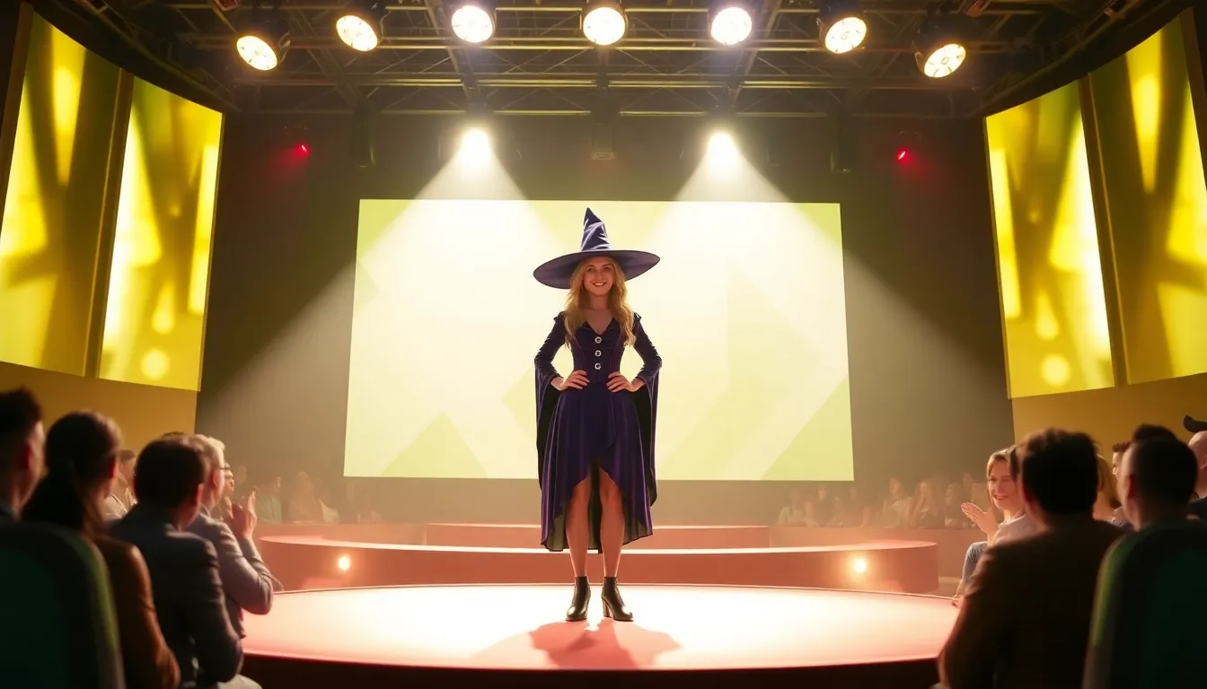 Elz the Witch stands confidently on stage, smiling as she prepares to host the Bafta Games Awards, surrounded by colorful lights and an excited audience.