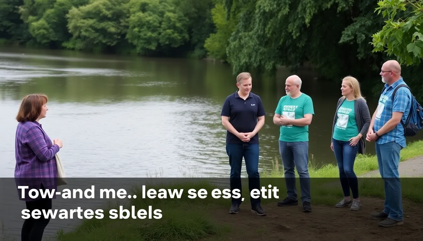 A group of environmental advocates gathers near a riverbank, discussing the recent significant reduction in sewage spills in England due to drier weather conditions.