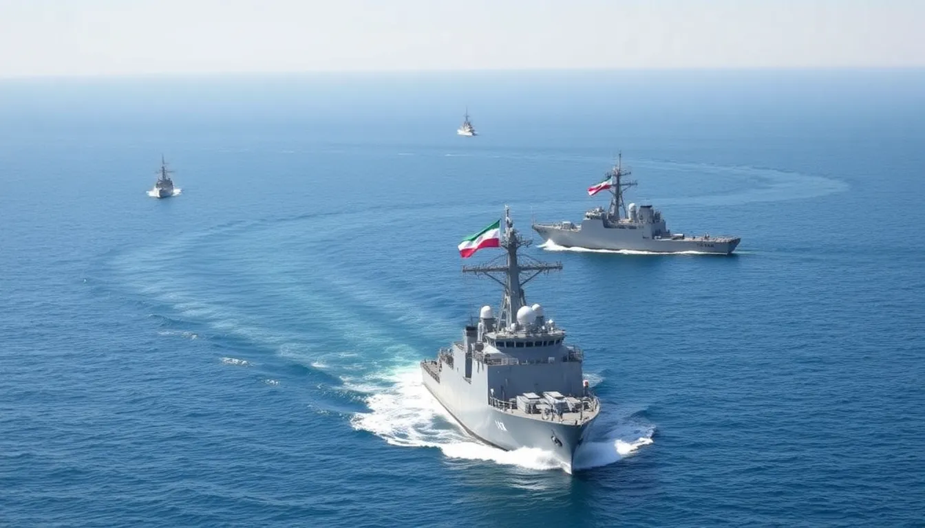 Iranian naval vessels are seen conducting military exercises in the Strait of Hormuz, amid rising tensions with U.S. forces patrolling the vital shipping route.