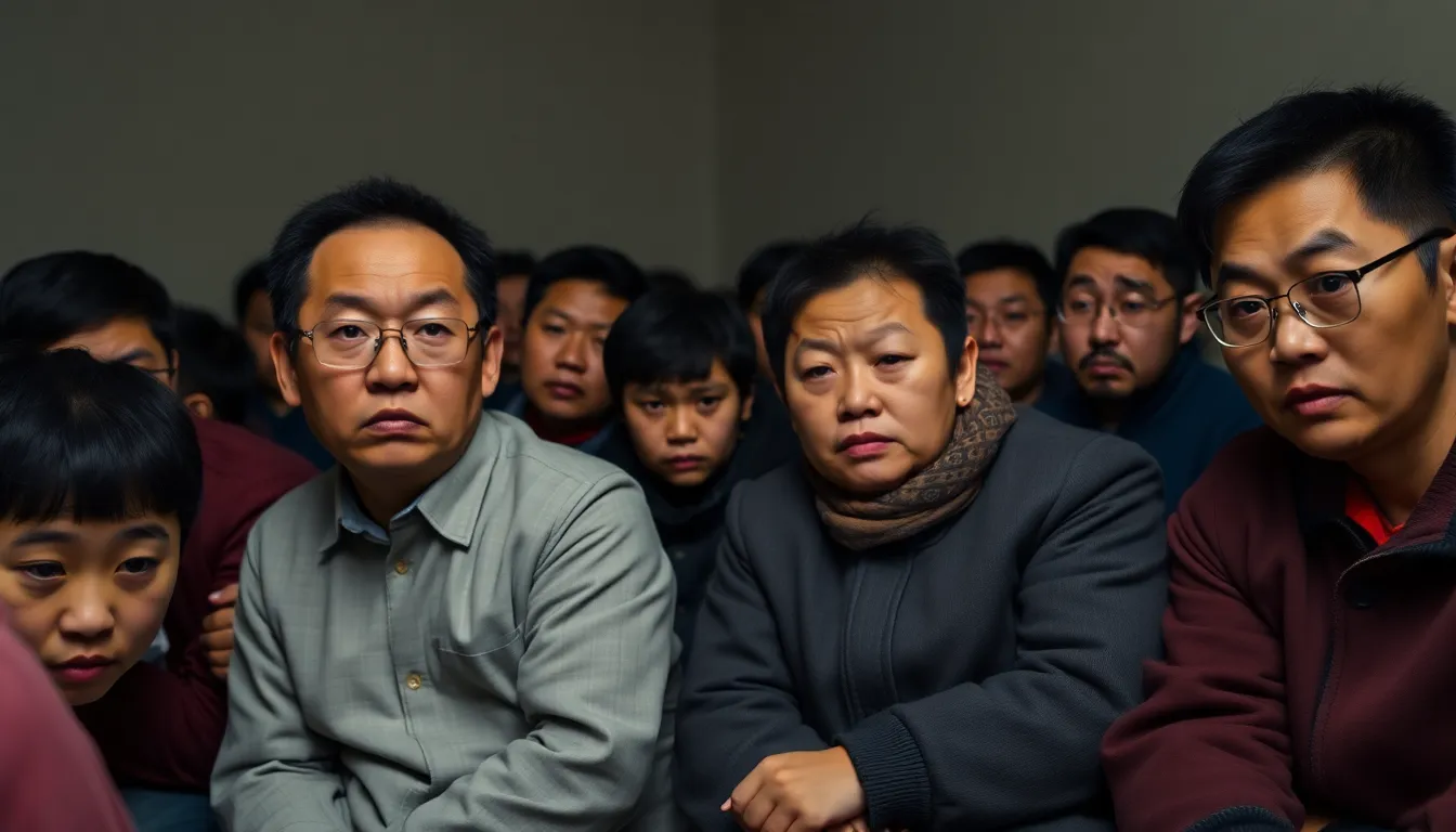 A group of North Korean refugees huddles together in a dimly lit room, their expressions reflecting anxiety and uncertainty as they discuss their fears of deportation back to their homeland.