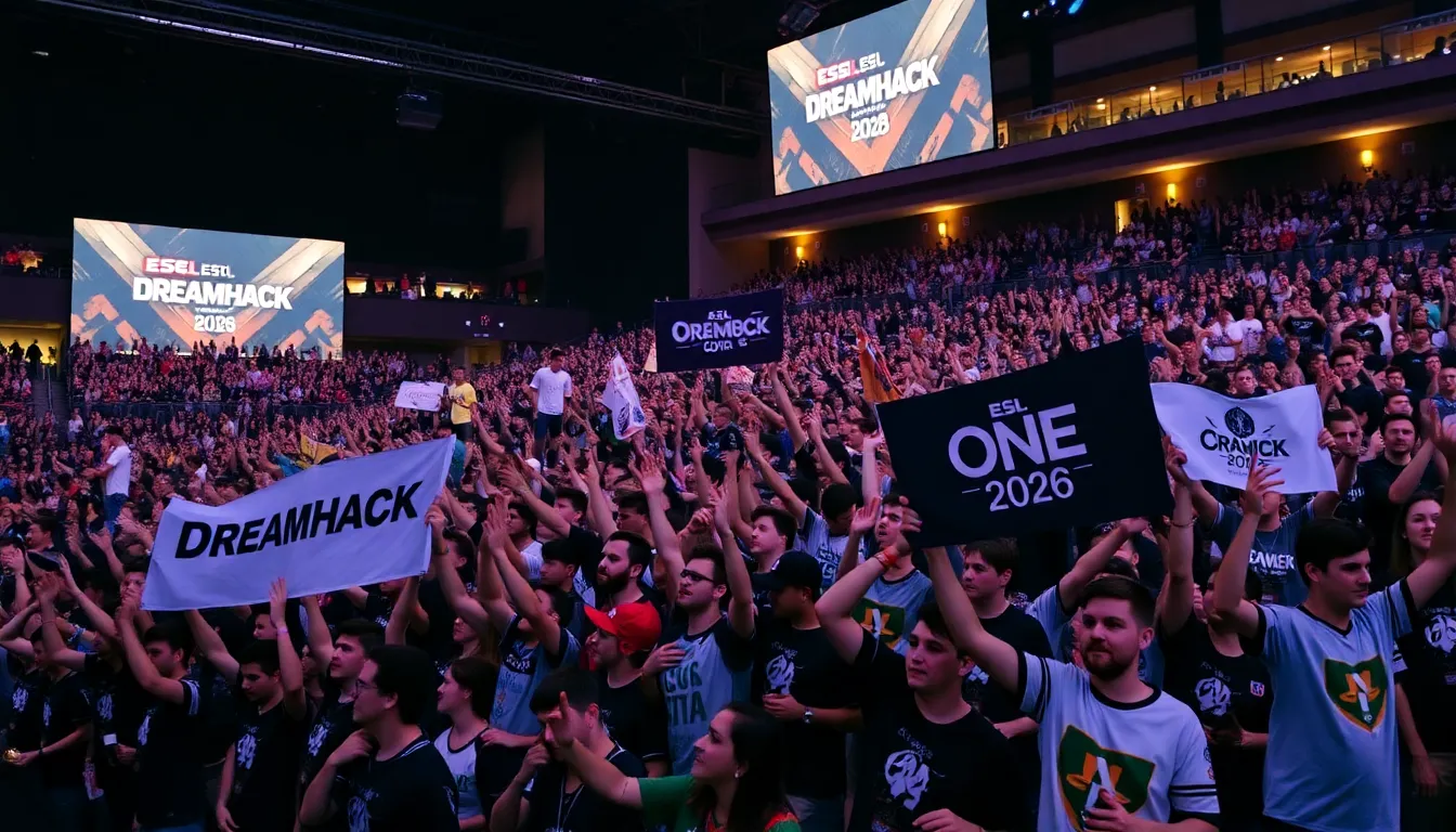 A large crowd of enthusiastic esports fans gathers at the venue, eagerly awaiting the start of ESL One at DreamHack Birmingham 2026.