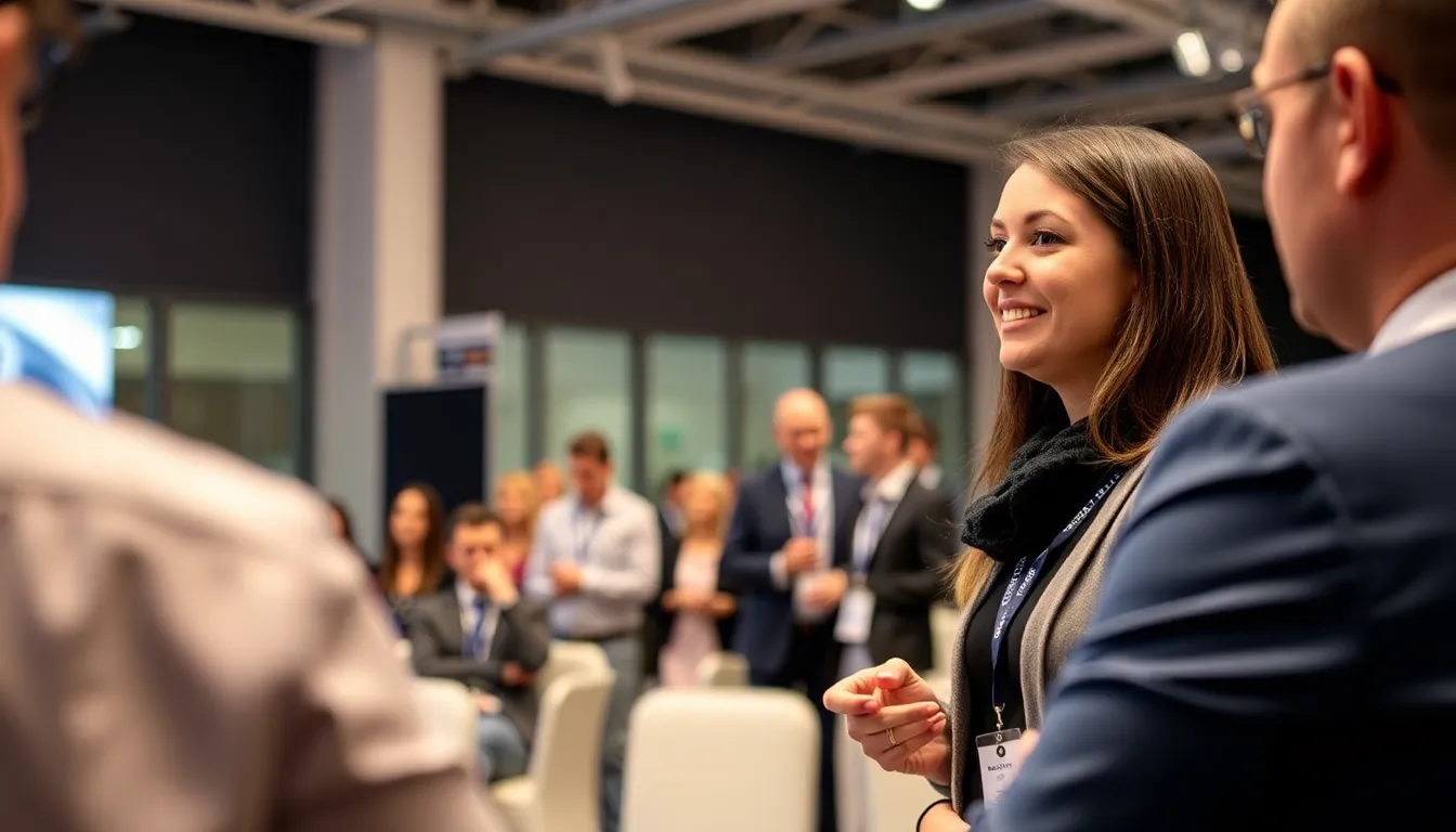 A female spacecraft engineer from Essex confidently discusses her career achievements at a technology conference, surrounded by colleagues and industry professionals.