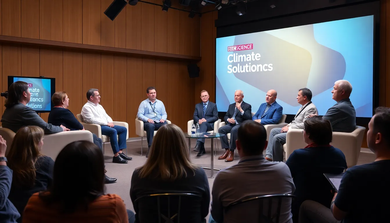 A group of scientists discusses climate change solutions during a live taping of BBC Inside Science, with audience members engaged in the conversation.