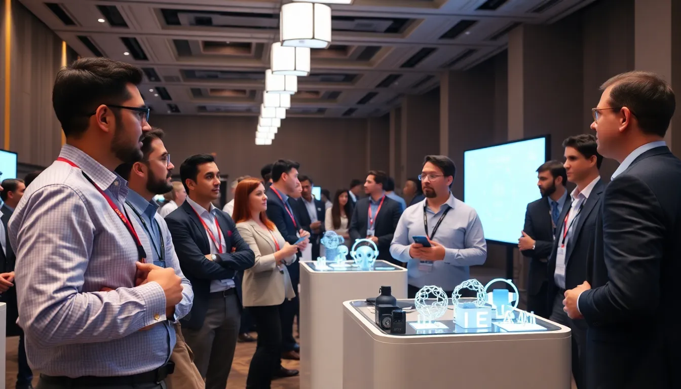 A group of tech professionals gathers at a conference, discussing the latest advancements in artificial intelligence and machine learning while showcasing new AIdriven products.