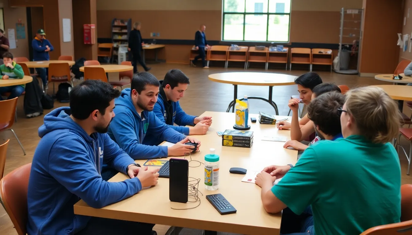 A group of enthusiastic gamers gathers around a table, intently discussing strategies and sharing their experiences with Pokémon Pokopia during a community event.
