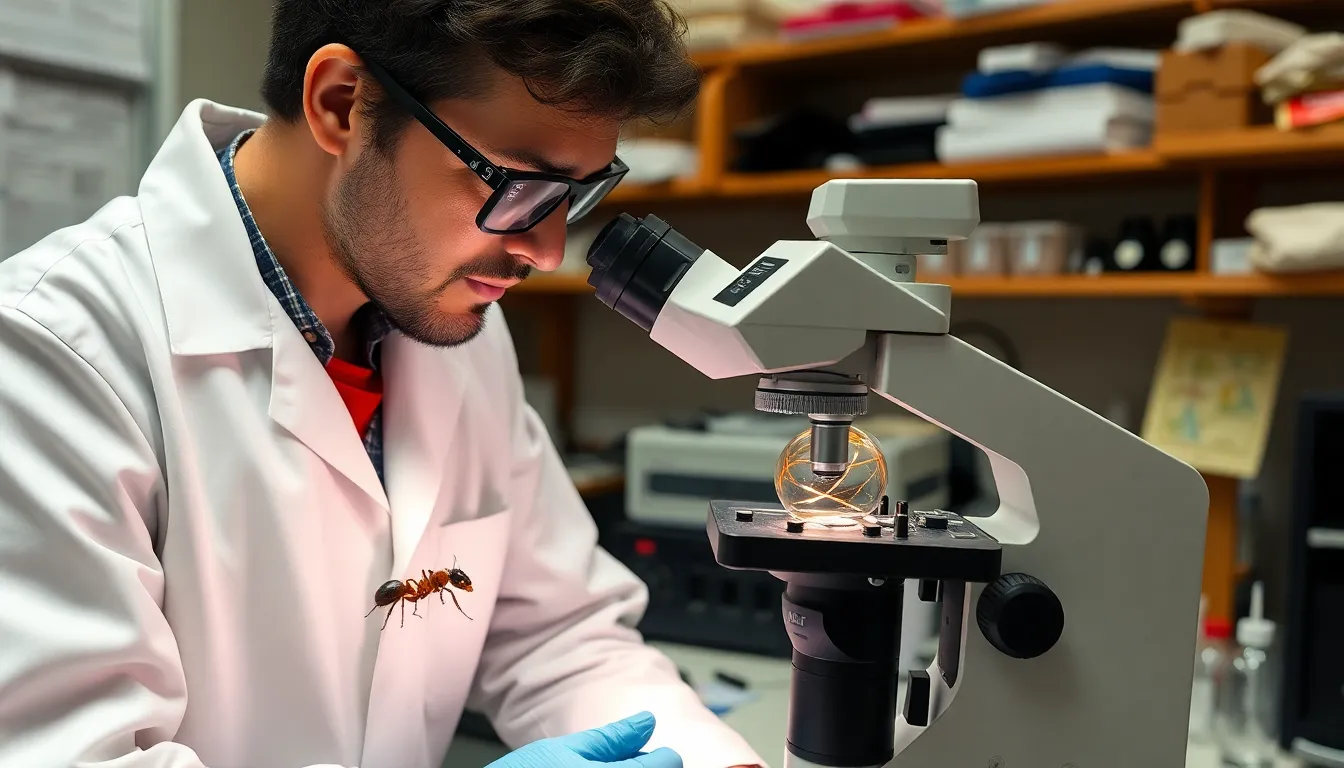 A researcher examines a unique ant species under a microscope in a laboratory setting, highlighting the growing interest in unusual ant behaviors and adaptations.