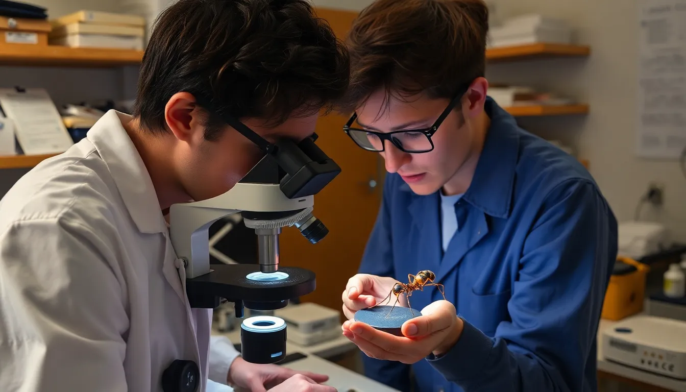 Researchers studying leafcutter ants in the Amazon rainforest, highlighting the intricate relationships between these ants and their surrounding ecosystem