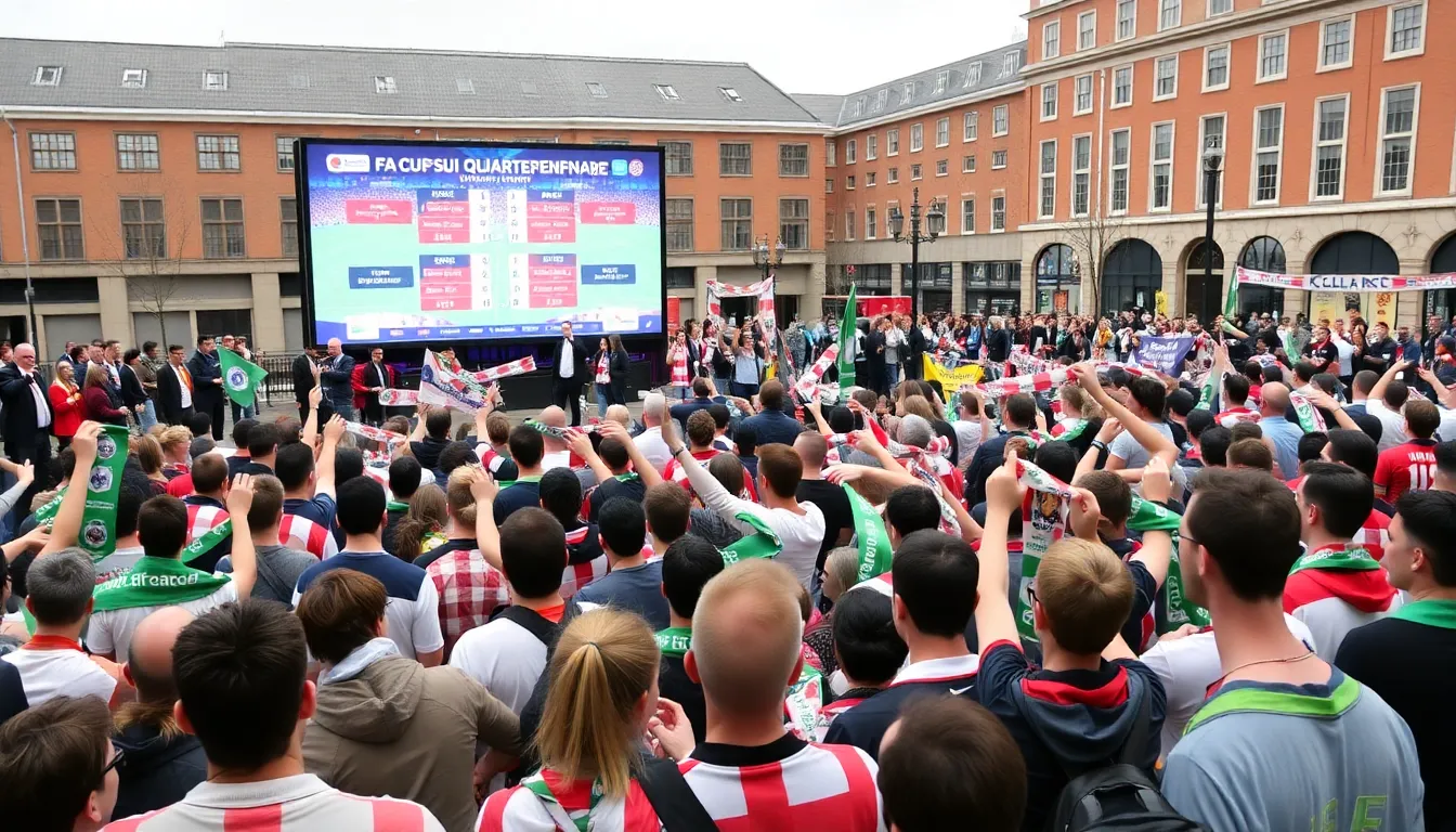A bustling pub filled with fans celebrating their team's journey in the FA Cup, highlighting the local community's engagement with the tournament
