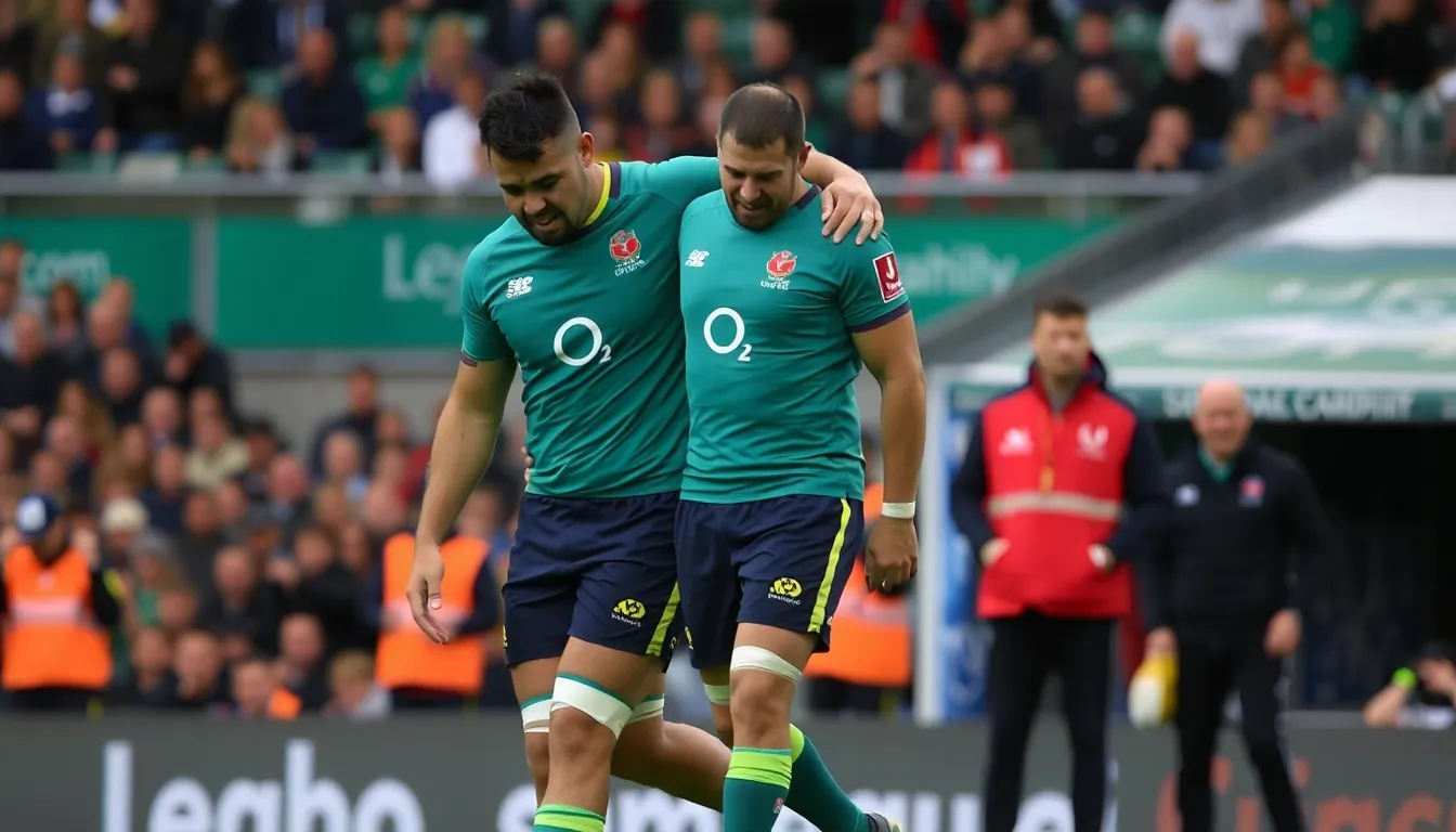 Taulupe Faletau is seen leaving the field in visible discomfort after sustaining an injury during Cardiff Rugby's match against the Sharks.