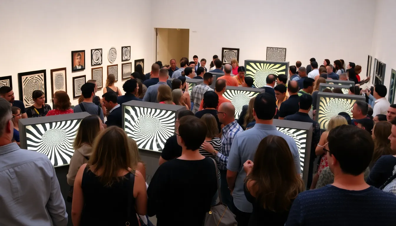 A crowd gathers at an art exhibition featuring optical illusions, with attendees engaged in discussions about perception and reality while examining the captivating displays.