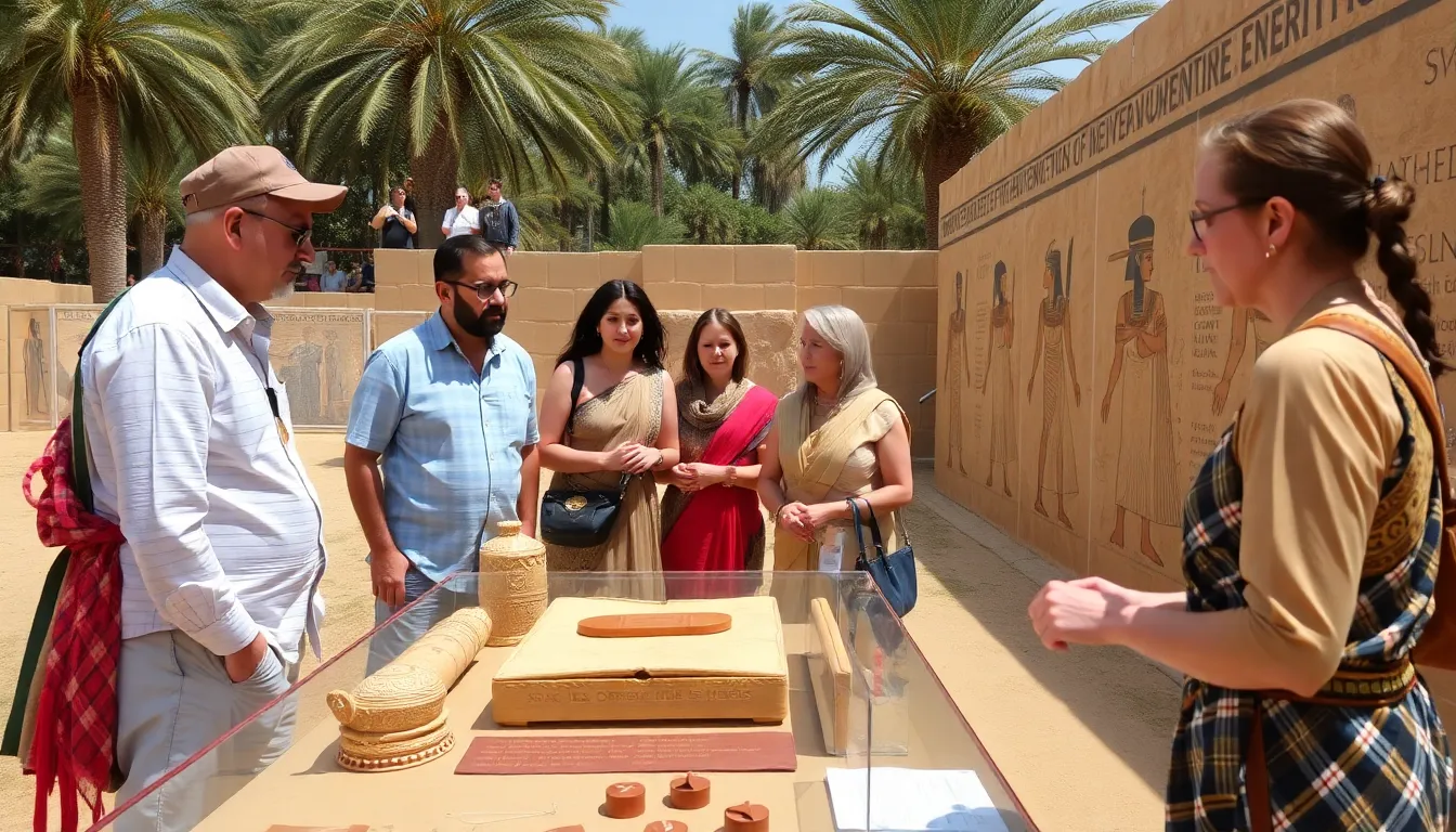 A group of scholars and historians gather at an exhibition showcasing artifacts and murals that celebrate the achievements of female pharaohs, highlighting Hatshepsut's contributions to ancient Egypt.