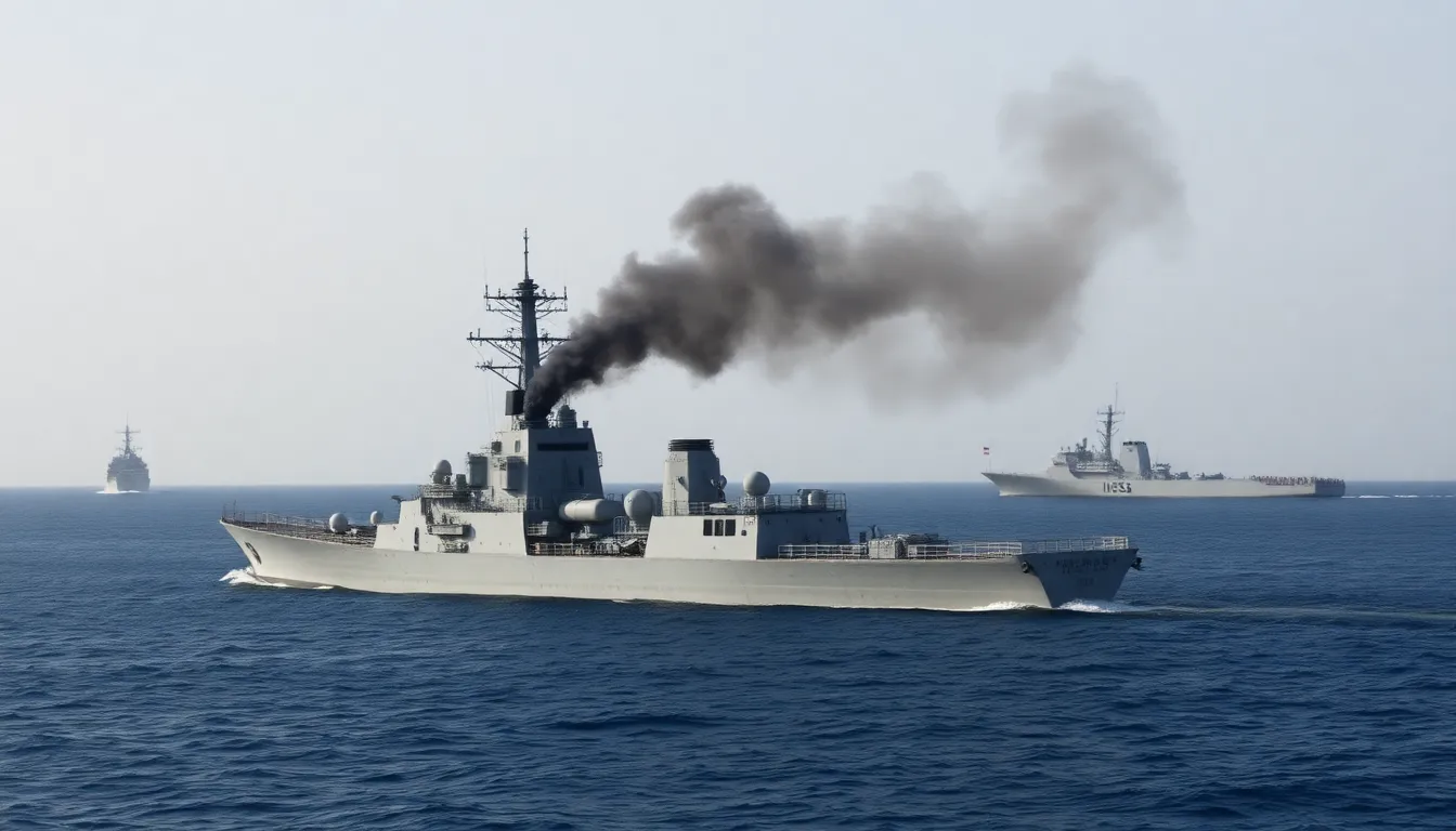 U.S. military forces are depicted monitoring the Iranian fleet, emphasizing the ongoing tensions and strategic challenges in the Gulf of Oman