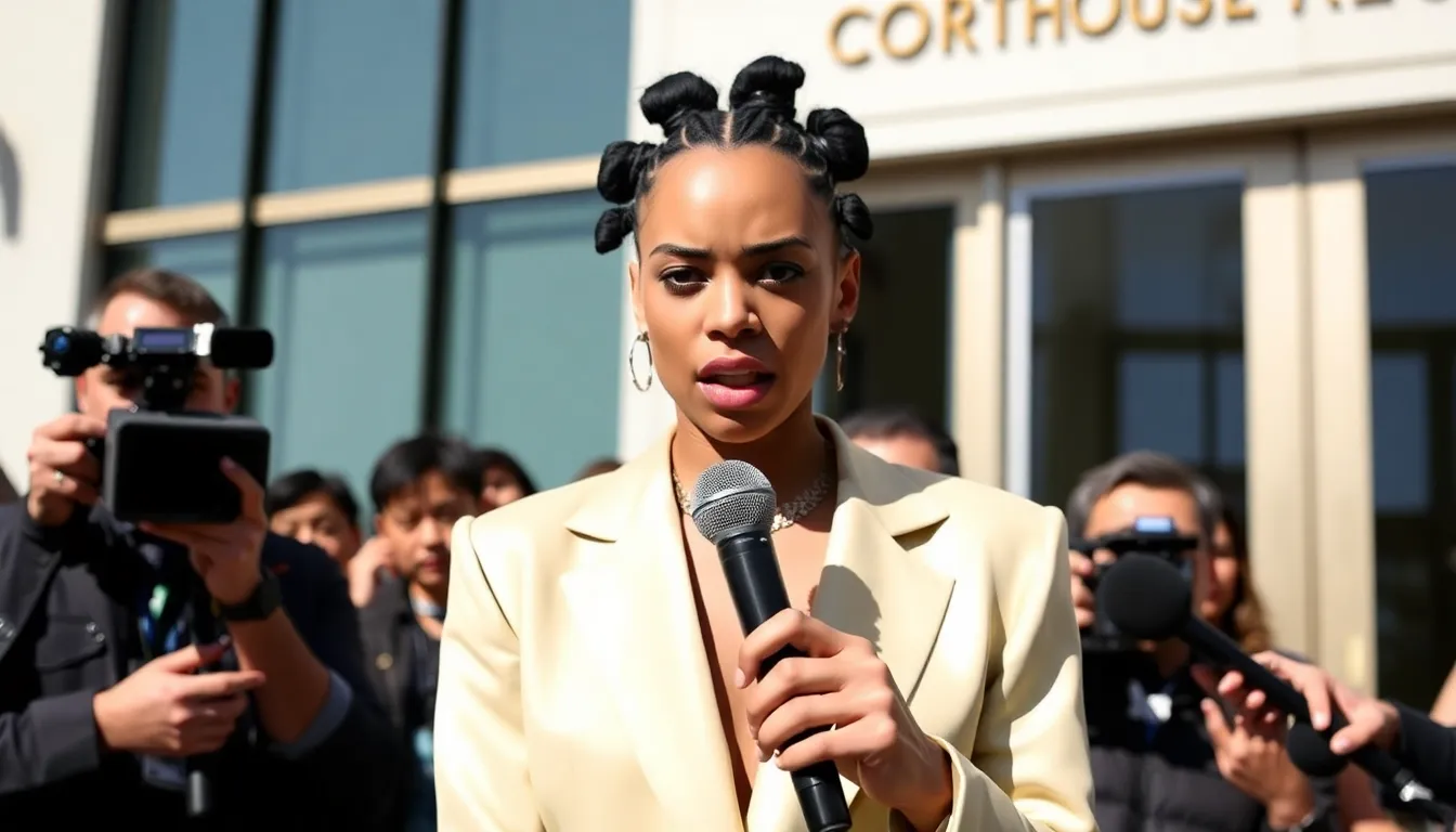 FKA Twigs stands outside a courthouse in Los Angeles, holding a press conference to announce her lawsuit against Shia LaBeouf for violating a nondisclosure agreement related to allegations of abuse.