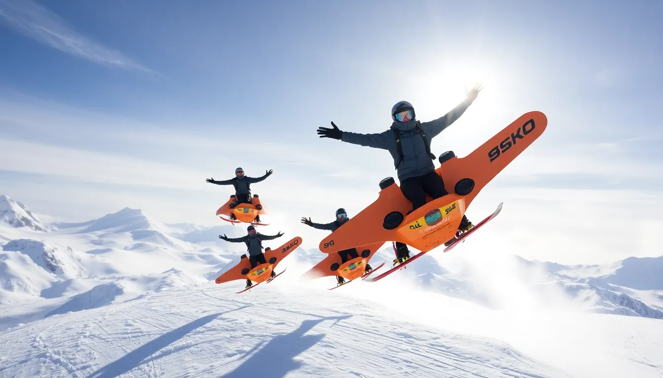 A group of extreme sports athletes performs aerial maneuvers in the Alps during a demonstration event showcasing innovative gear designed for flight without skis.