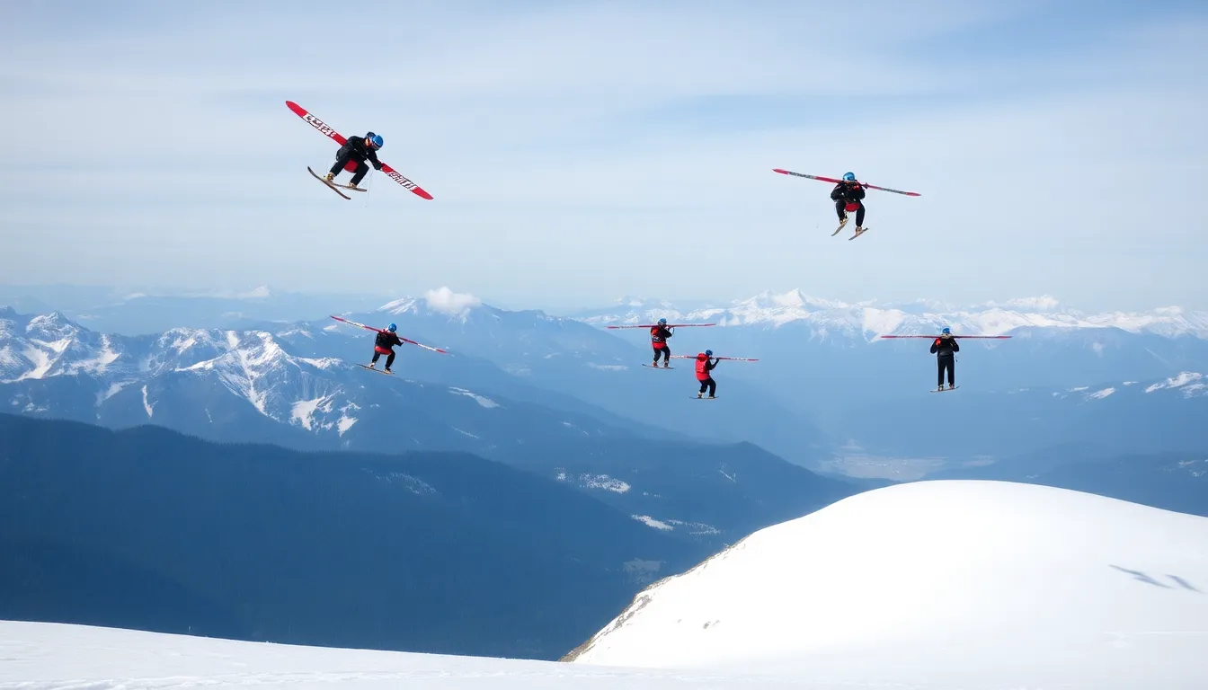 Enthusiastic participants experiencing the thrill of flying without skis, showcasing their innovative gear in midair maneuvers