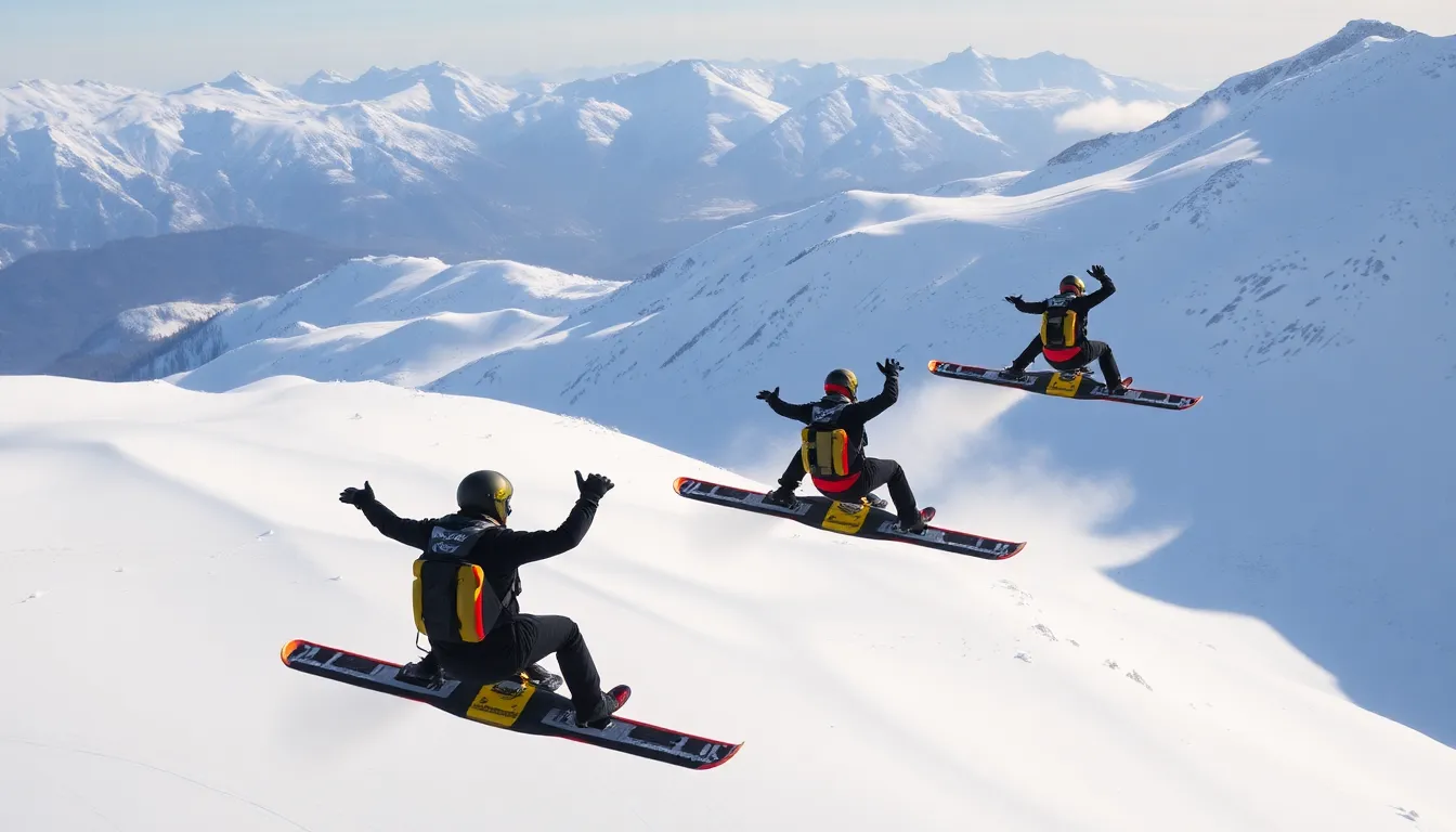 Closeup of an athlete preparing for an aerial jump, highlighting the advanced safety features of the lightweight equipment designed for skiing alternatives