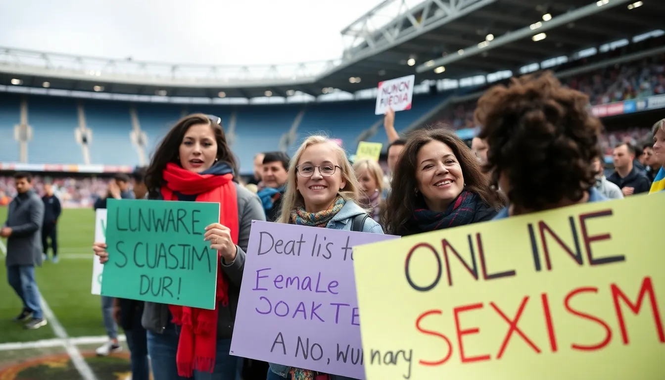A group of football fans holds up signs in support of a female commentator, demonstrating solidarity against online sexism during a match.