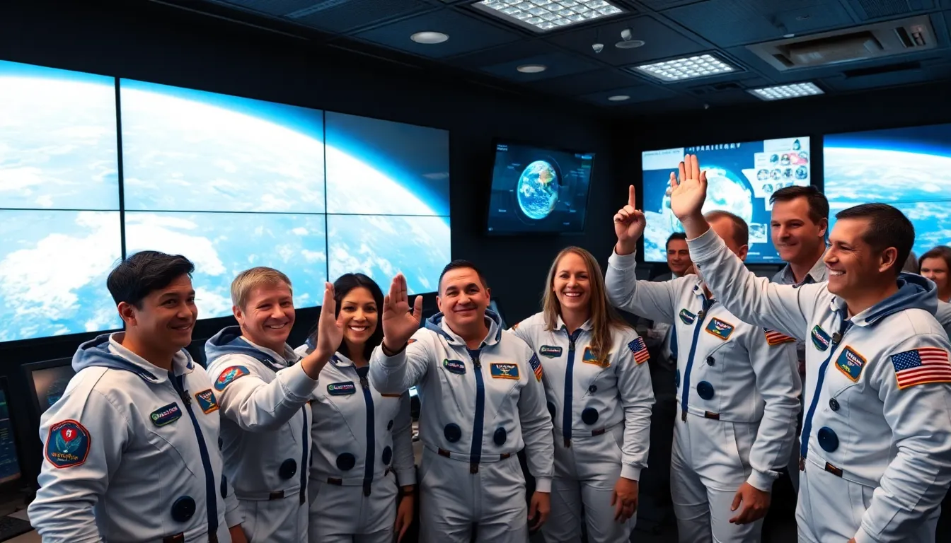 A group of diverse astronauts stands together in a control room, celebrating a successful space mission with smiles and highfives while monitors display images of Earth from space.